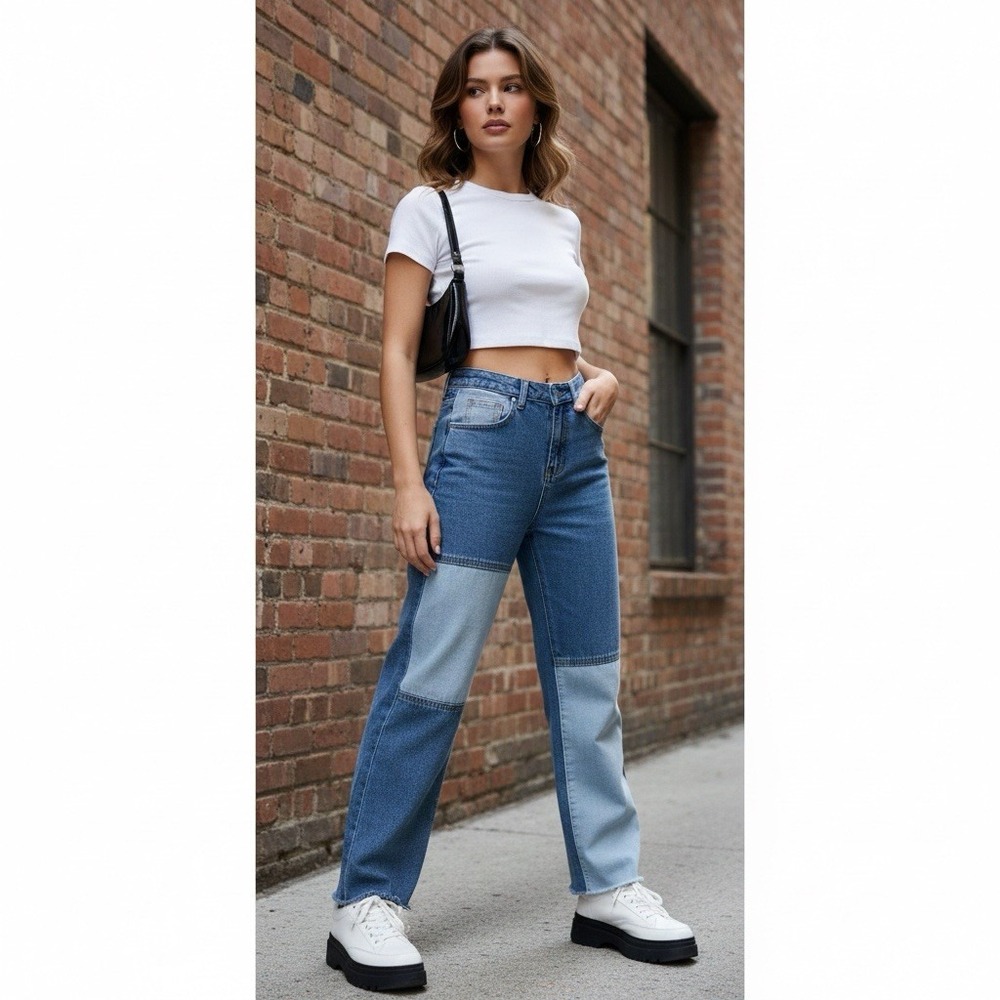 Y2K Patchwork Straight Leg Jeans | Two Tone Colorblock Denim Raw Hem Size S